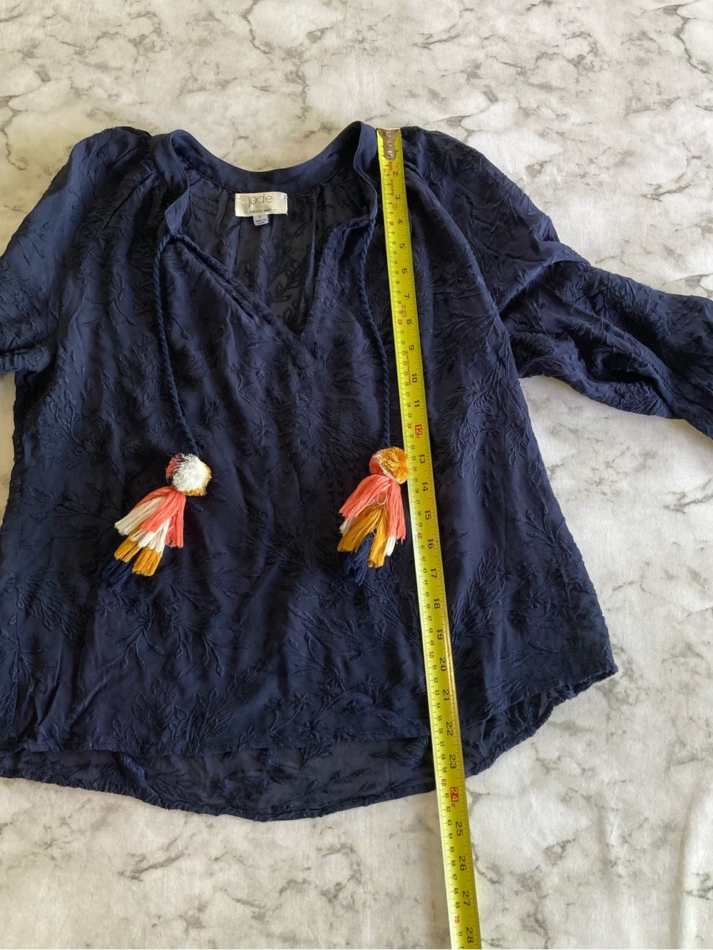 Navy embroidered peasant long sleeve top with tassel accents - Picture 3 of 7